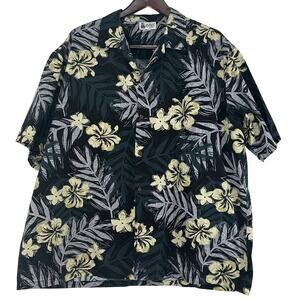 Aloha Republic Hawaiian Shirt Button Up Mens 2XL Black Gray Creme Tropical Beach